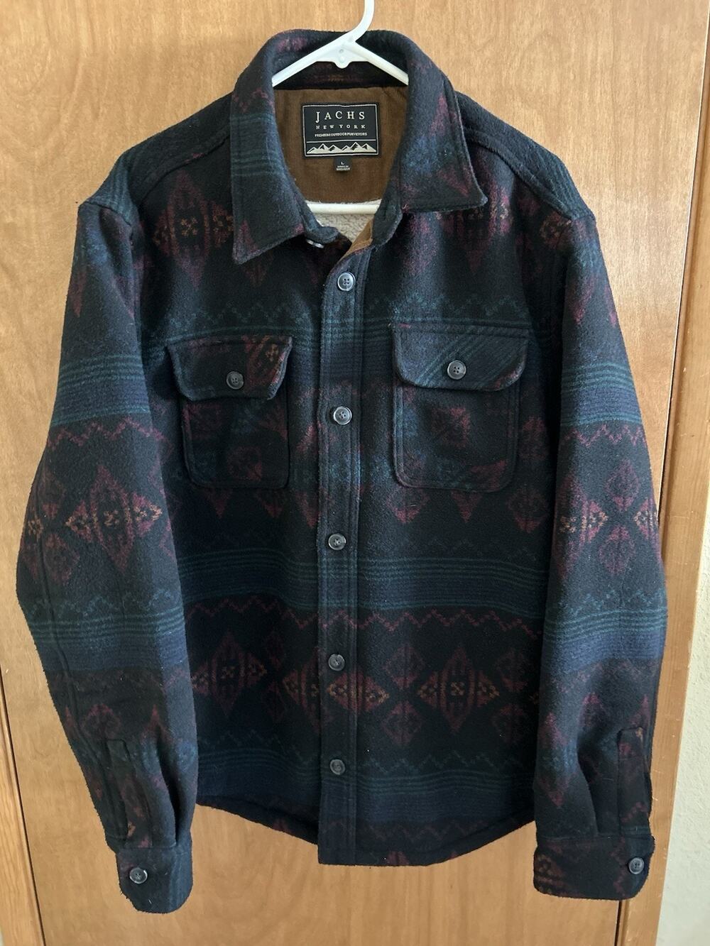 JACHS New York Mens Large Geometric Faux Fur Lined Shacket Jacket Button Pockets